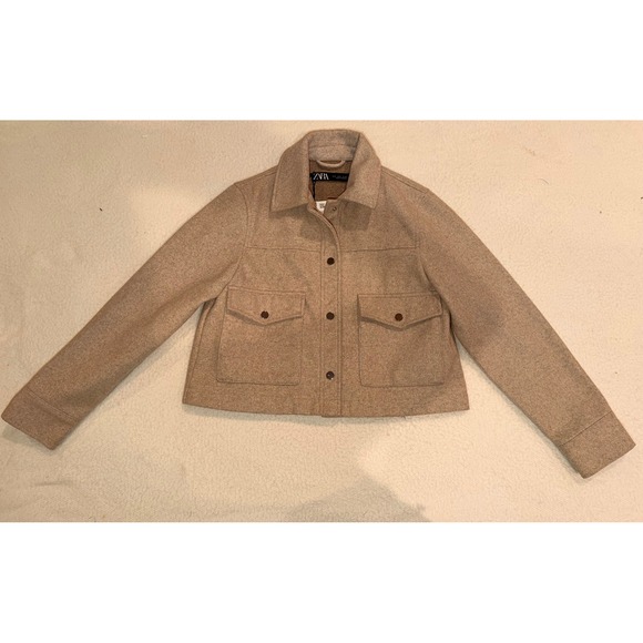 Zara Jackets & Blazers - Zara Women Cropped Wool Blend Jacket Beige Tan Snap Front Pocket 3046/058 Small
